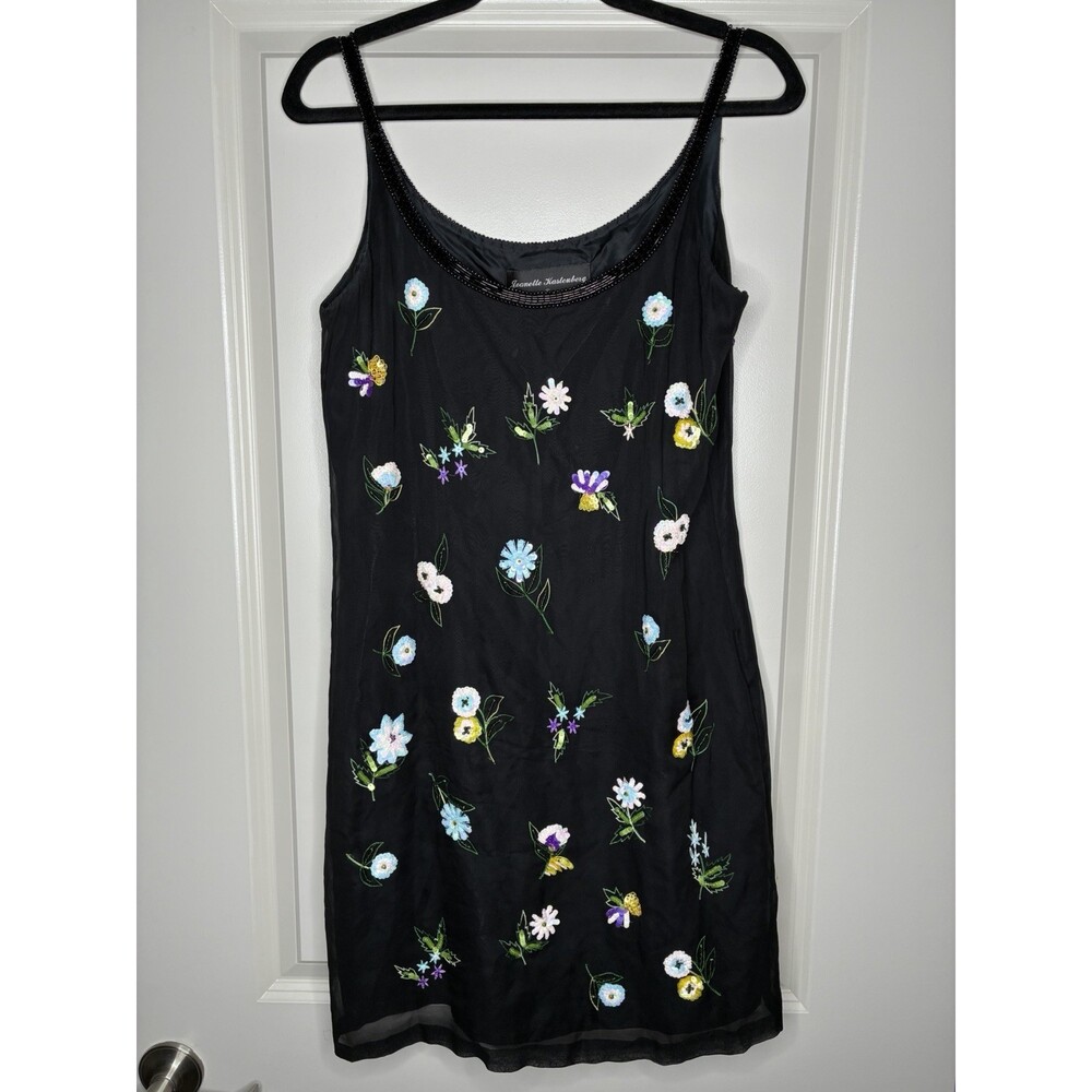 Jeanette Kastenberg Vintage '90s 100% Silk Black Sequined Floral Slip Dress 8